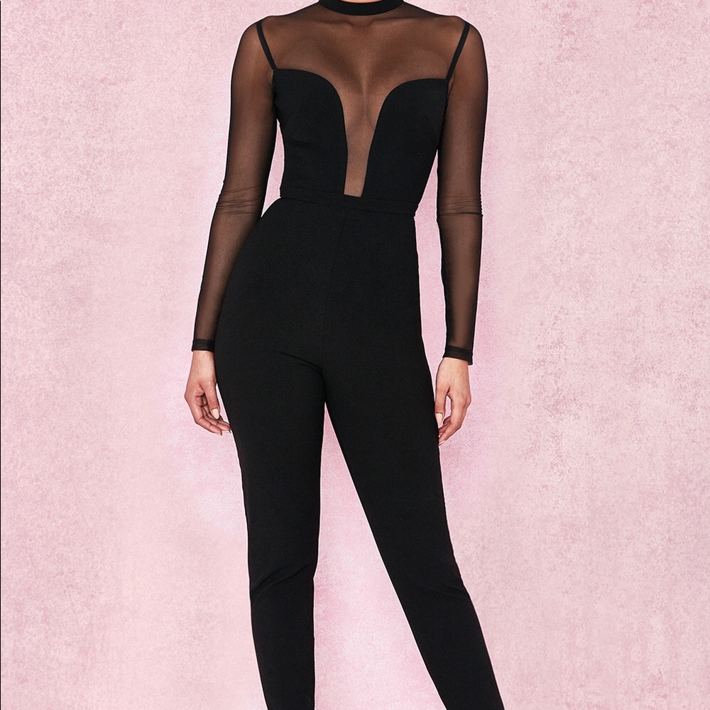 ‘Wilhelmina’ Black Crepe Mesh Jumpsuit